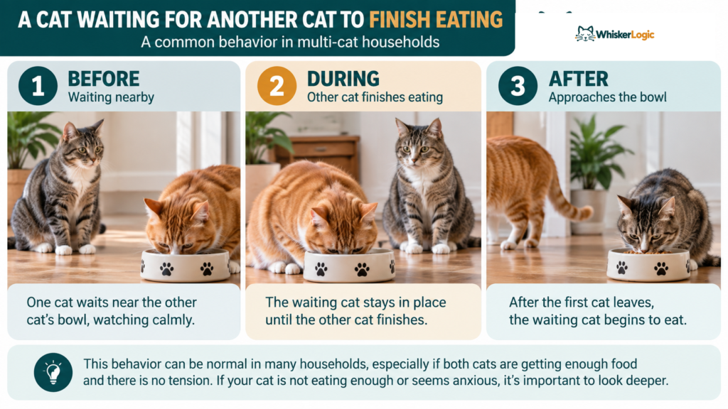 Cat before, during, and after another cat finishes eating