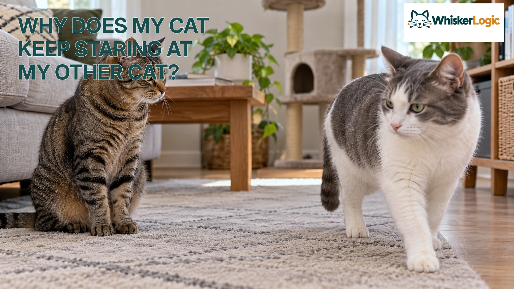 One cat staring at another cat in a living room