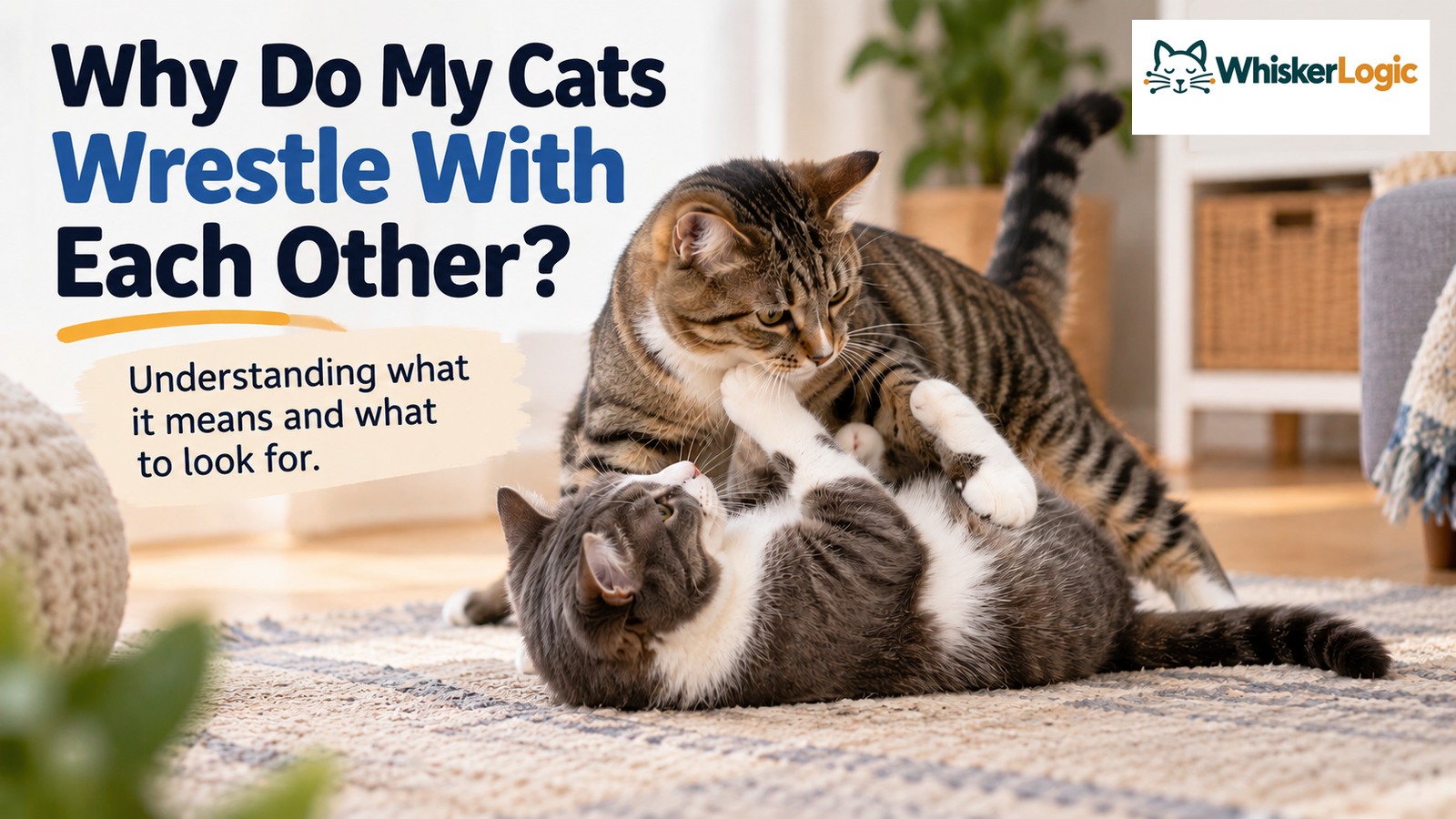Two cats wrestling with each other on a living room rug