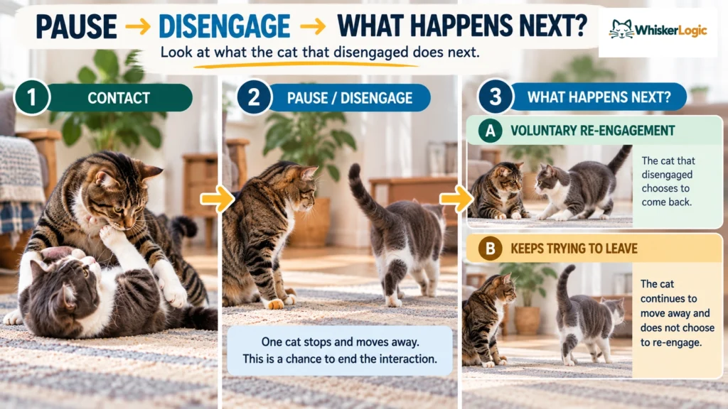 Two cats pausing after wrestling, showing voluntary re-engagement versus continuing to leave