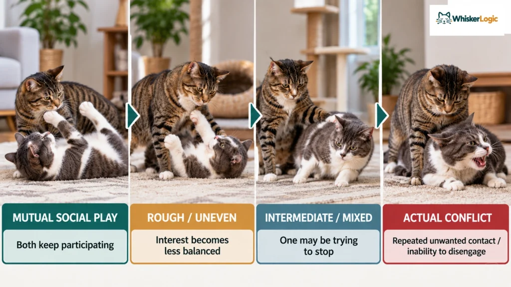 Two cats showing a progression from mutual wrestling to uneven interaction and conflict