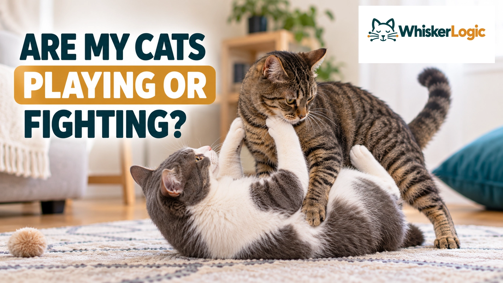 Two cats wrestling during an interaction that could be play or fighting