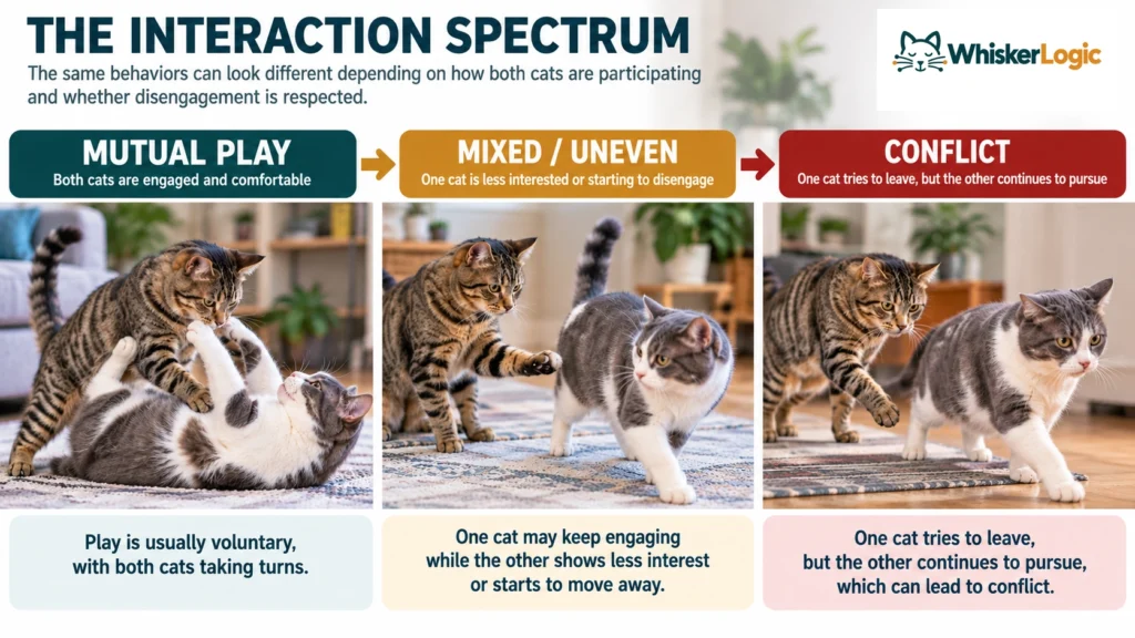 Three-stage comparison showing mutual play, mixed or uneven interaction, and conflict between two cats