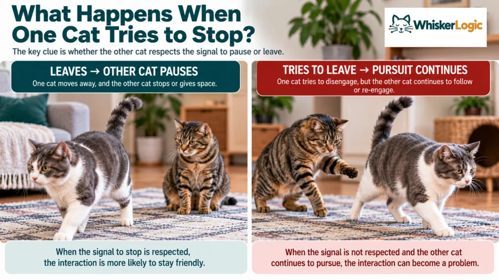 Two cats showing the difference between respected disengagement and continued pursuit when one cat tries to stop