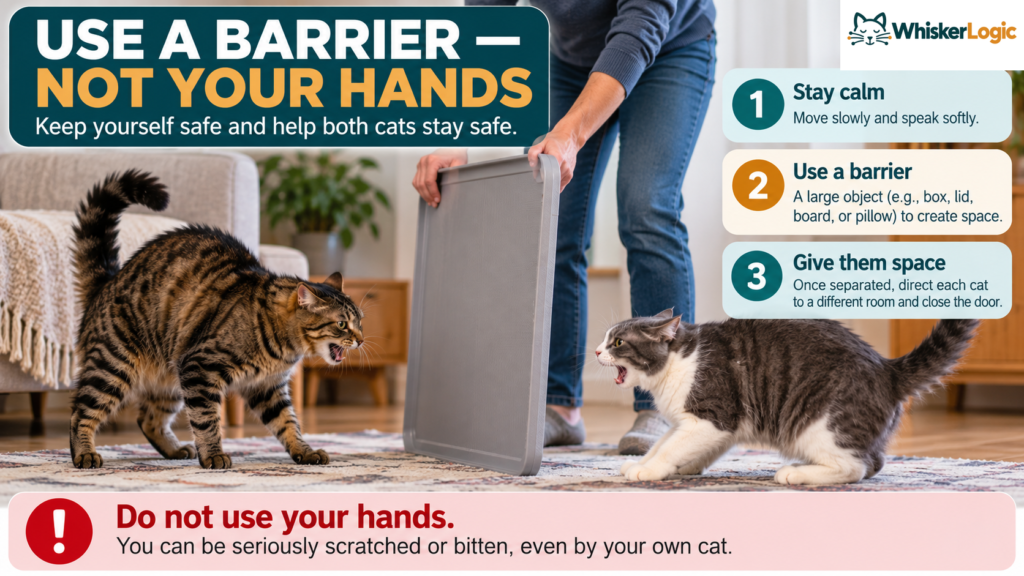Person using a large barrier to separate two fighting cats without putting their hands between them