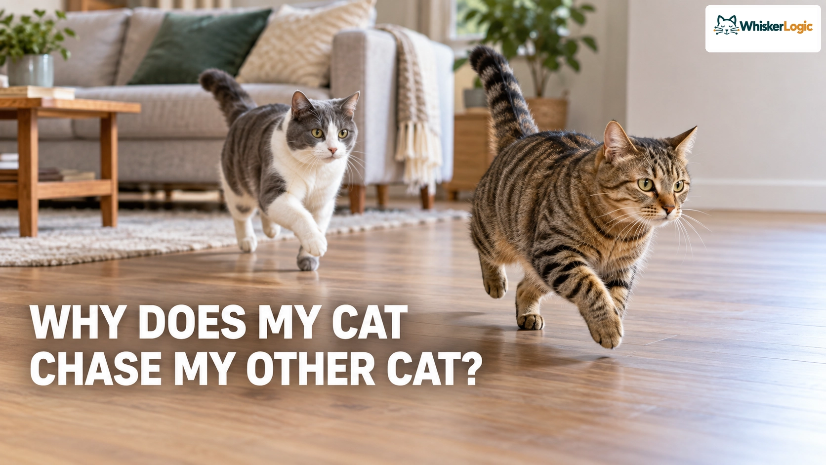One cat chasing another cat through a living room