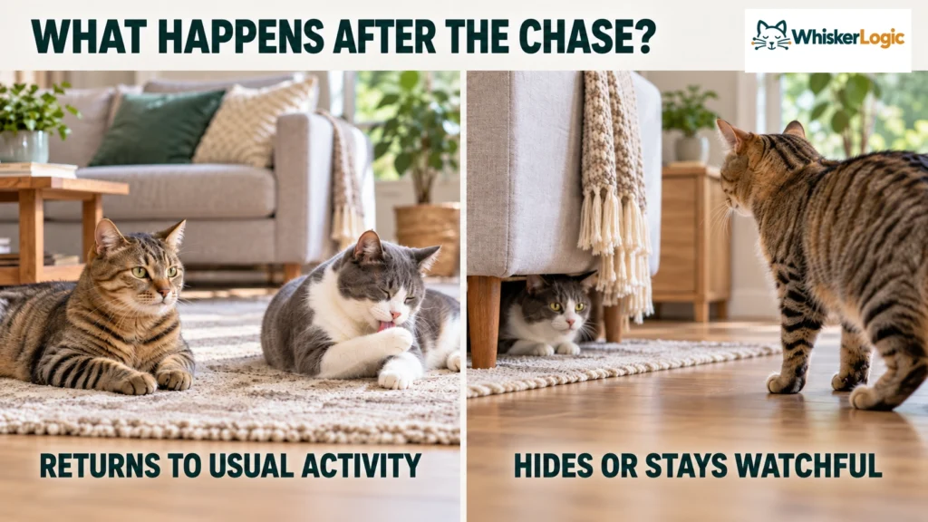Cat returning to normal activity compared with a cat hiding and staying watchful after a chase