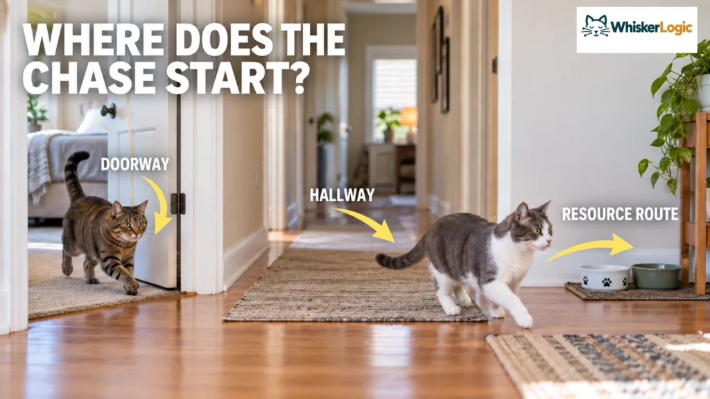 Cat chase route through a doorway and hallway toward food and water resources