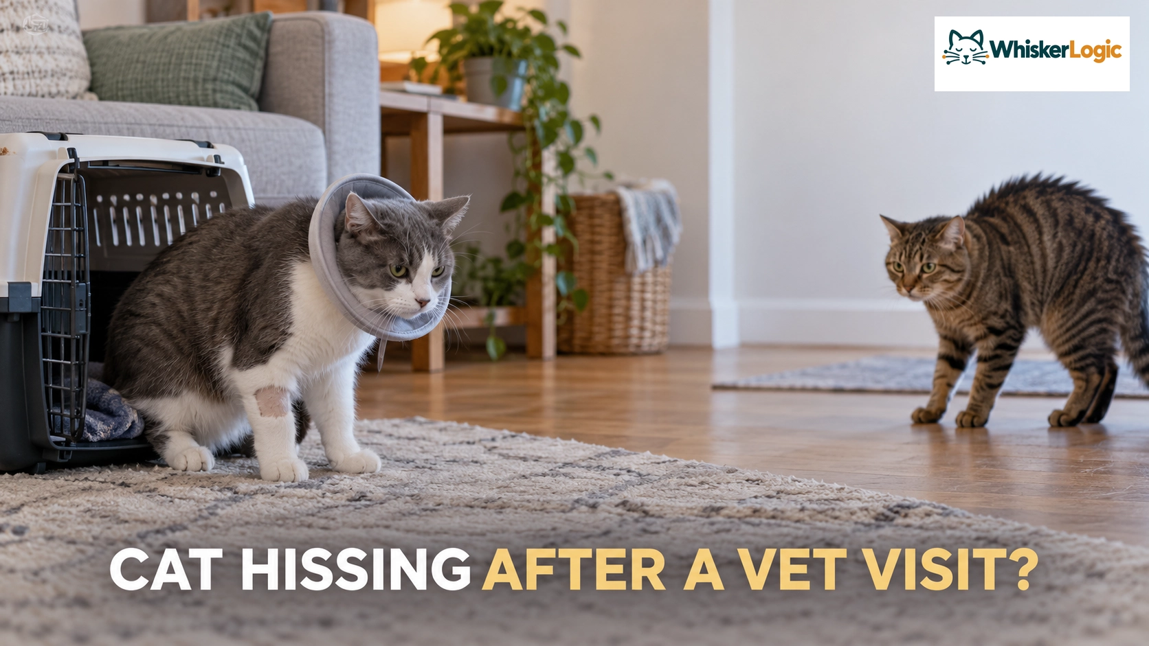Cat hissing at other cat after vet visit while the returning cat stands near a carrier