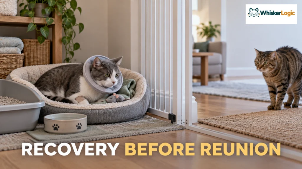 Cat recovering after a vet visit in a separate safe space before reuniting with another cat