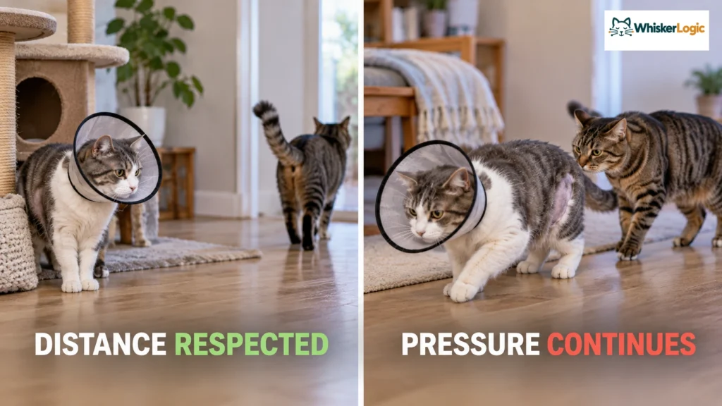 Cat hissing at other cat after vet visit showing distance respected versus pressure continuing