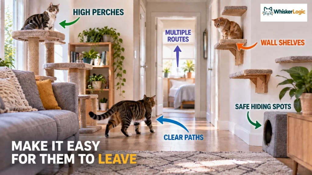 Cat-friendly home with clear paths, high perches, multiple routes, and safe hiding spots