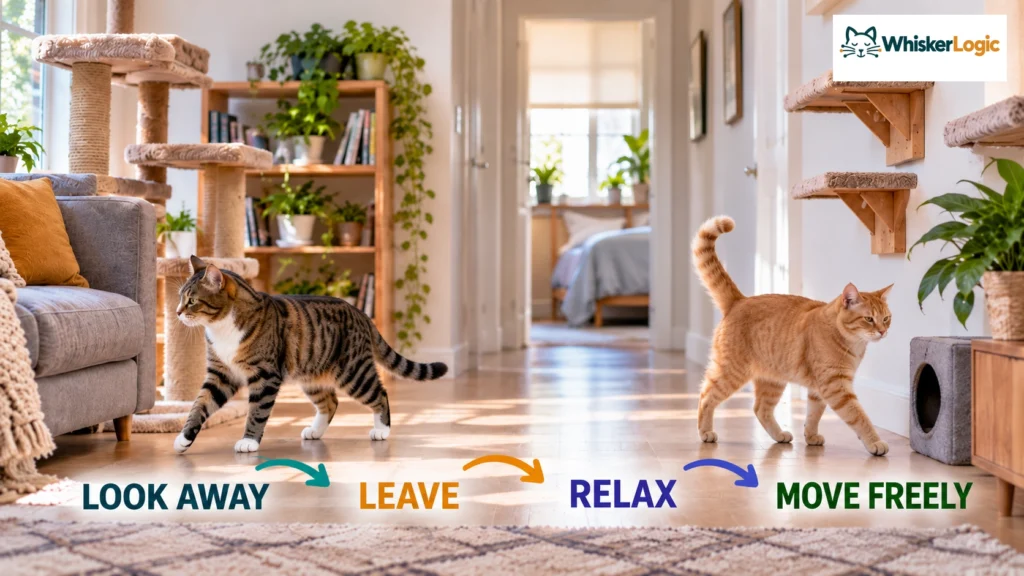 Two cats calmly looking away, leaving, relaxing, and moving freely after a vet visit