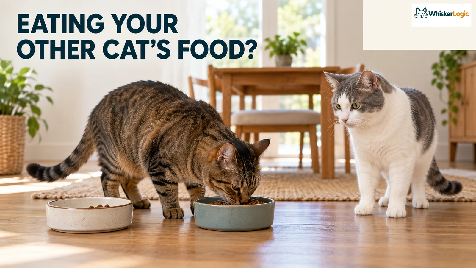 Cat eating your other cat's food from a second bowl while the other cat stands nearby.