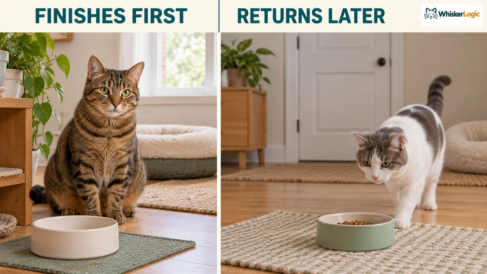 A tabby finishes its meal while a gray-and-white cat returns later to its own food in a separate room.