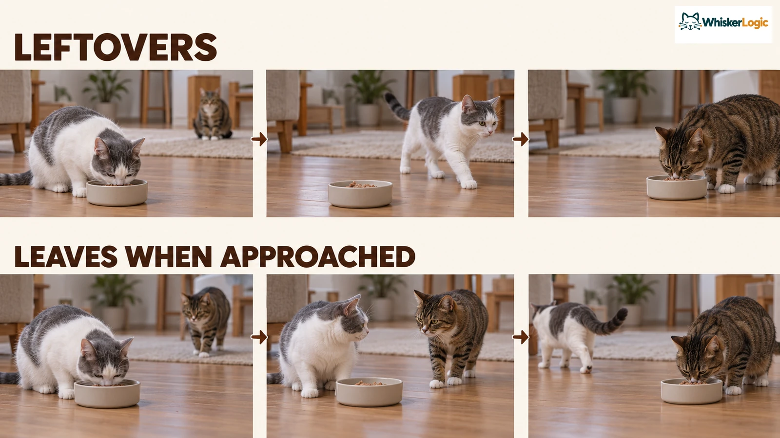 Two meal sequences compare a cat leaving food before another approaches with a cat retreating when approached.