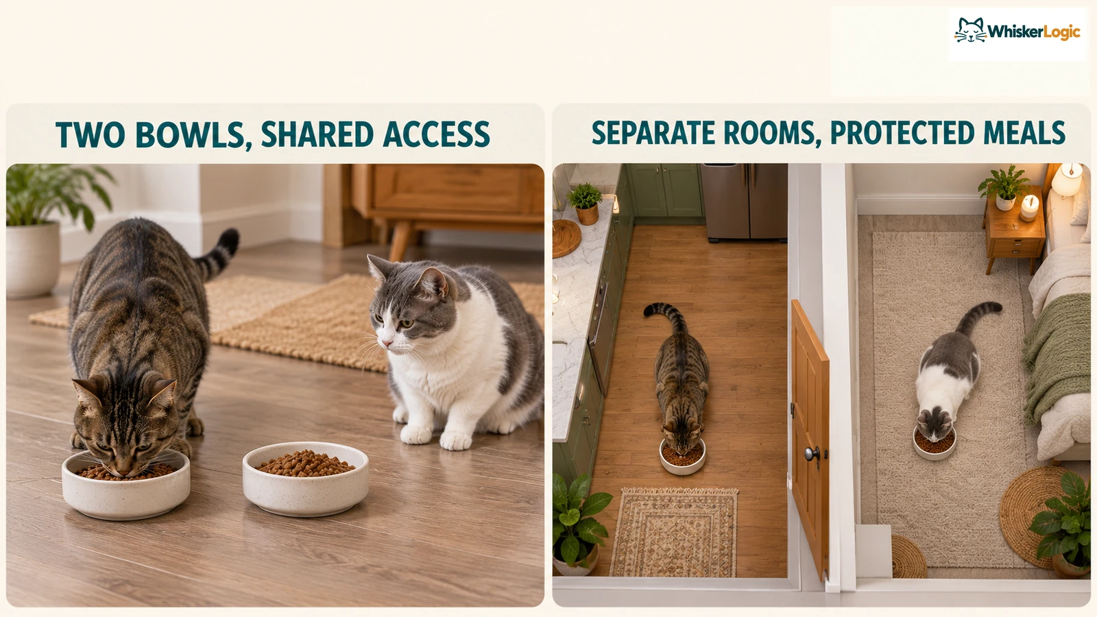 Two bowls with shared access compared with cats eating in separate rooms behind a closed door.