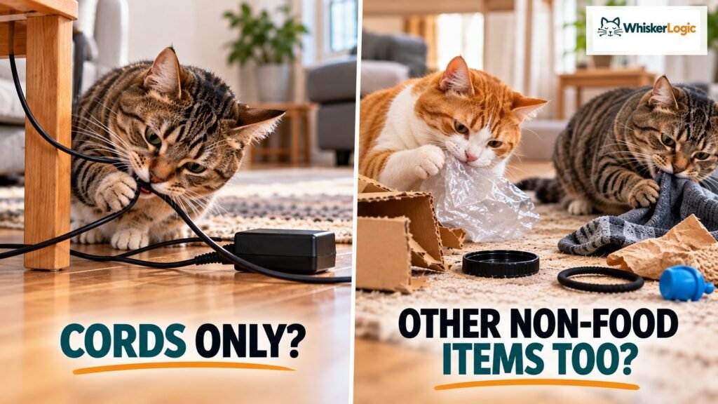 Cat chewing an electrical cord compared with cats chewing other non-food materials