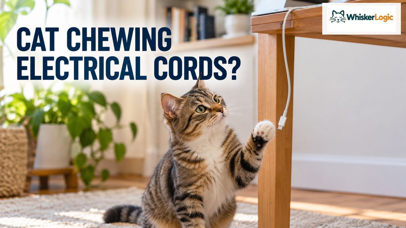 Cat chewing electrical cords near a dangling phone charger
