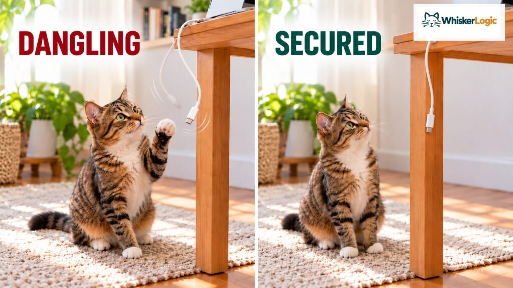 Dangling electrical cord compared with a secured cord for a curious cat