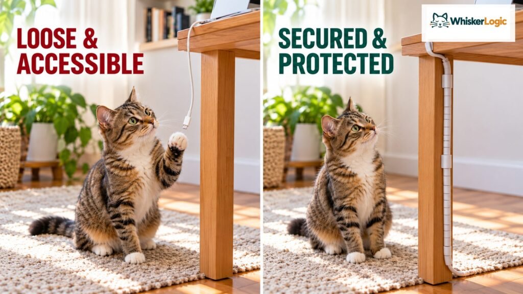 Loose electrical cord compared with secured cord protection for a cat