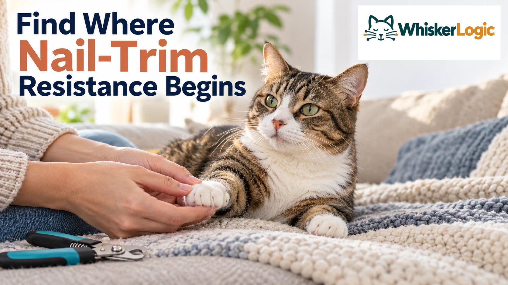 Cat calmly allowing gentle paw handling with nail clippers nearby. Text: Find Where Nail-Trim Resistance Begins.