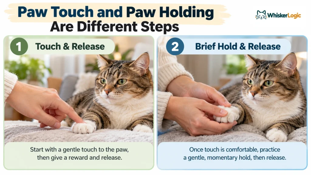 Two-step illustration showing gentle paw touch and brief paw holding with release to help a cat accept nail trimming.
