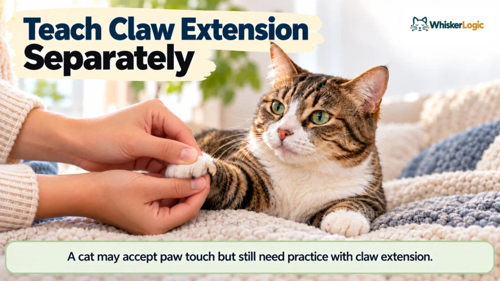 A person gently supports a cat's paw and applies light pressure to extend one claw during nail-trim training.