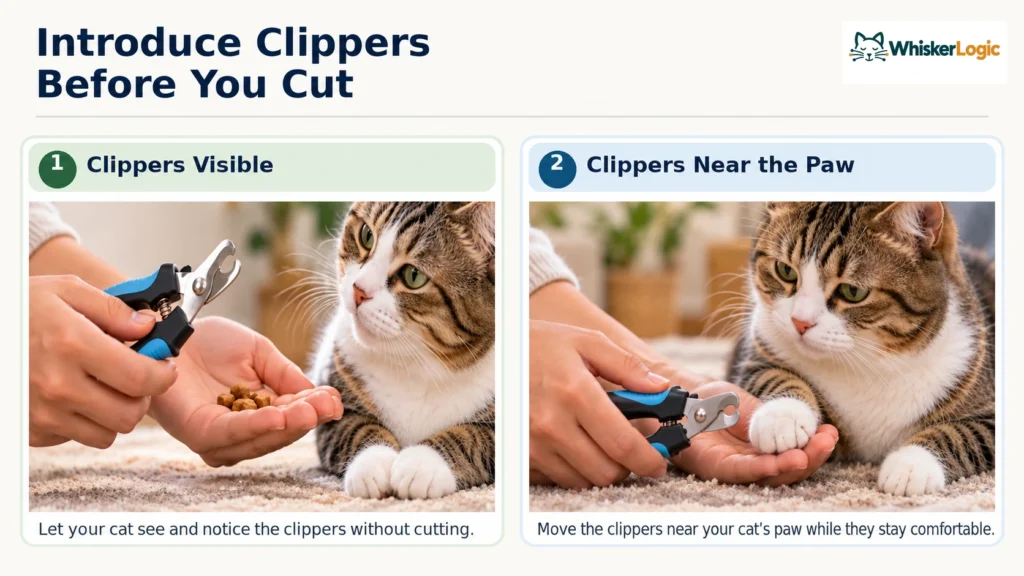 Two-step guide showing nail clippers visible to a relaxed cat, then brought near its paw without cutting.