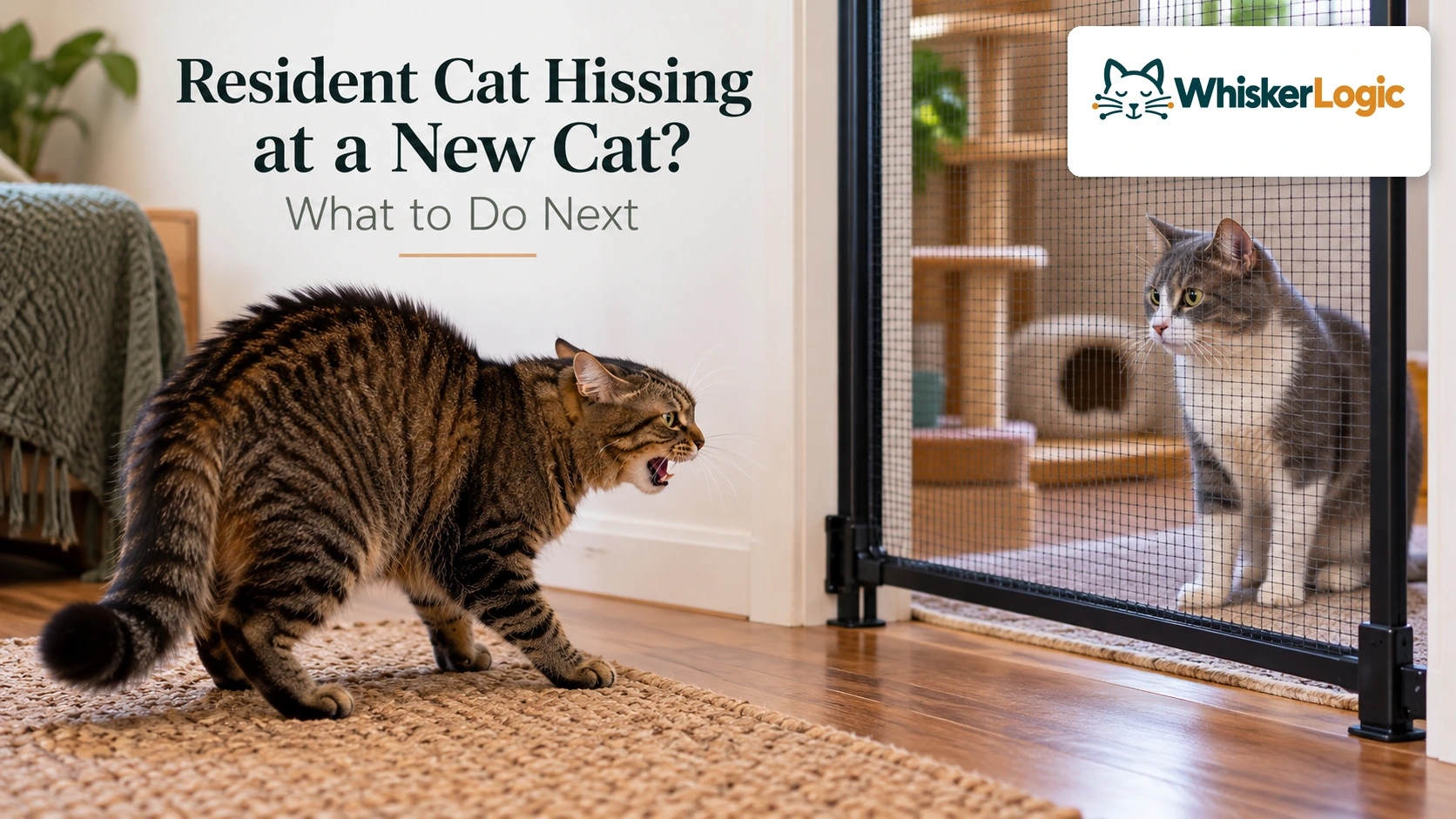 Resident tabby cat hissing at a new gray-and-white cat through a secure mesh gate during a gradual introduction.