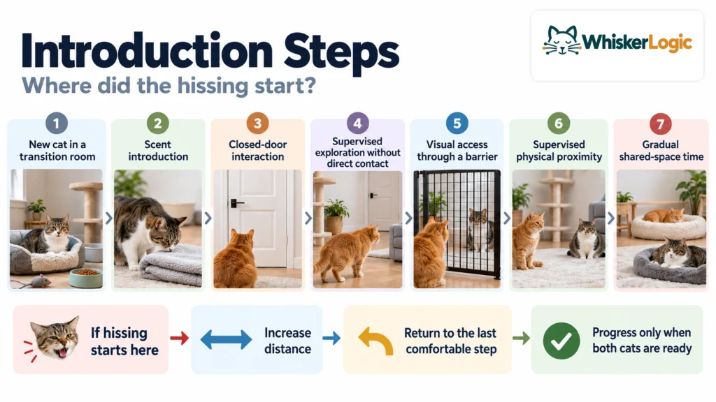 Seven stages of introducing a new cat to a resident cat, showing when to increase distance and return to the last comfortable step if hissing occurs.