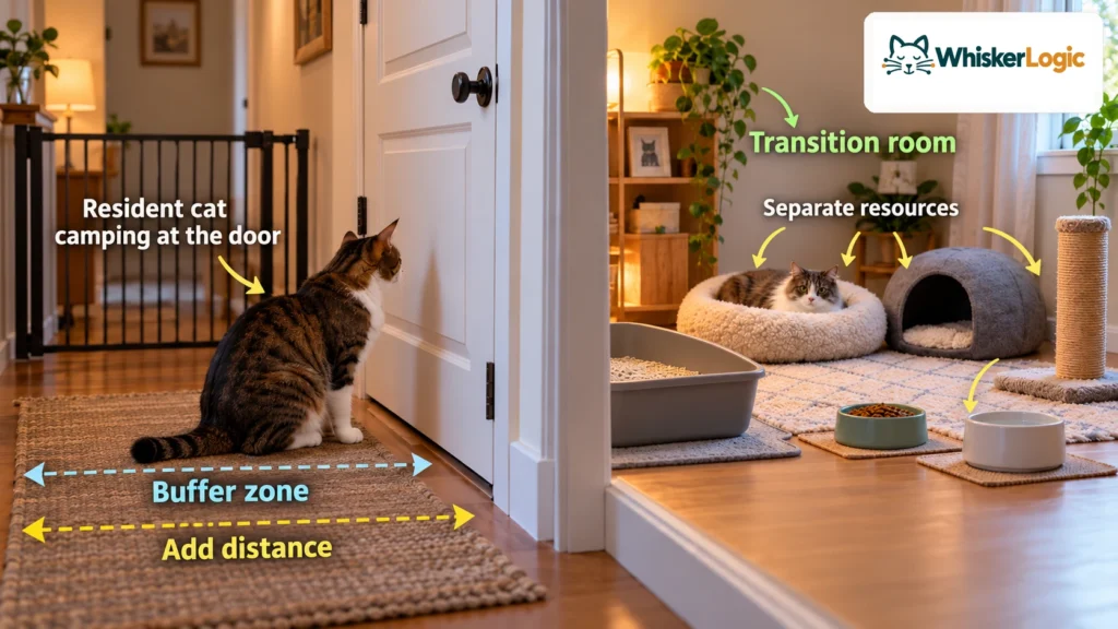 Resident cat camping outside a closed transition-room door, with a buffer zone and separate resources for the new cat.