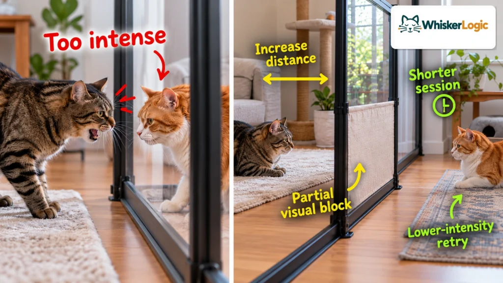 Resident cat hissing at a new cat through a barrier, compared with a calmer introduction using greater distance and a partial visual block.