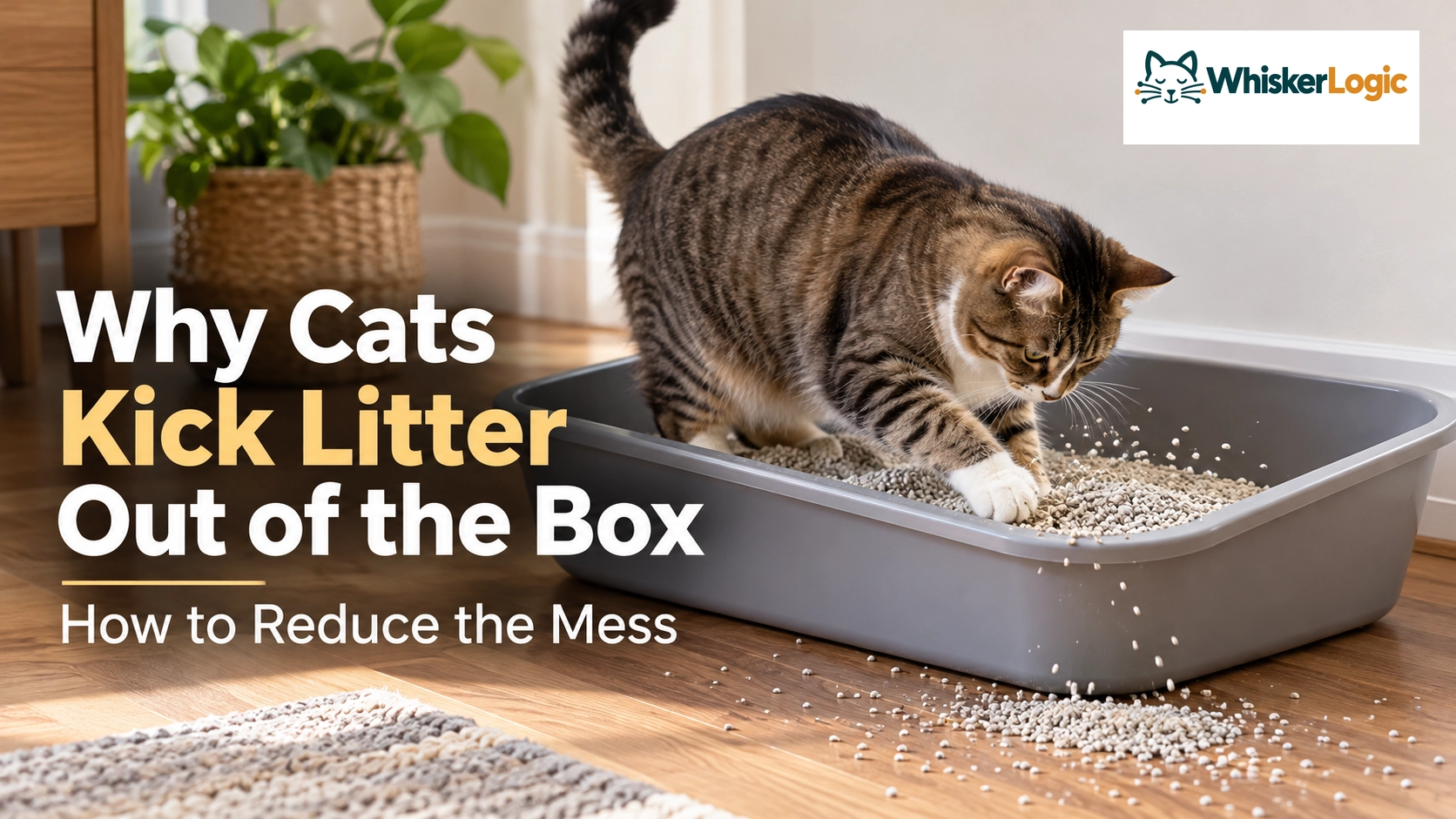 Cat kicking litter out of the box while digging, with scattered litter on the floor beside an open litter box.