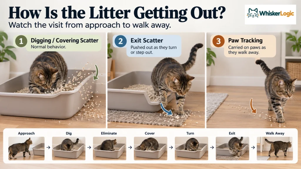Three examples of how cat litter gets outside the box: digging scatter, exit scatter, and paw tracking.