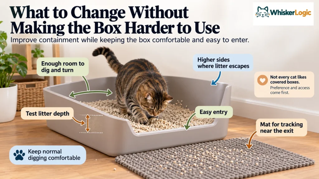 Large open cat litter box with higher sides, an easy-entry front, and a litter mat, showing ways to reduce litter scatter while keeping normal digging comfortable.