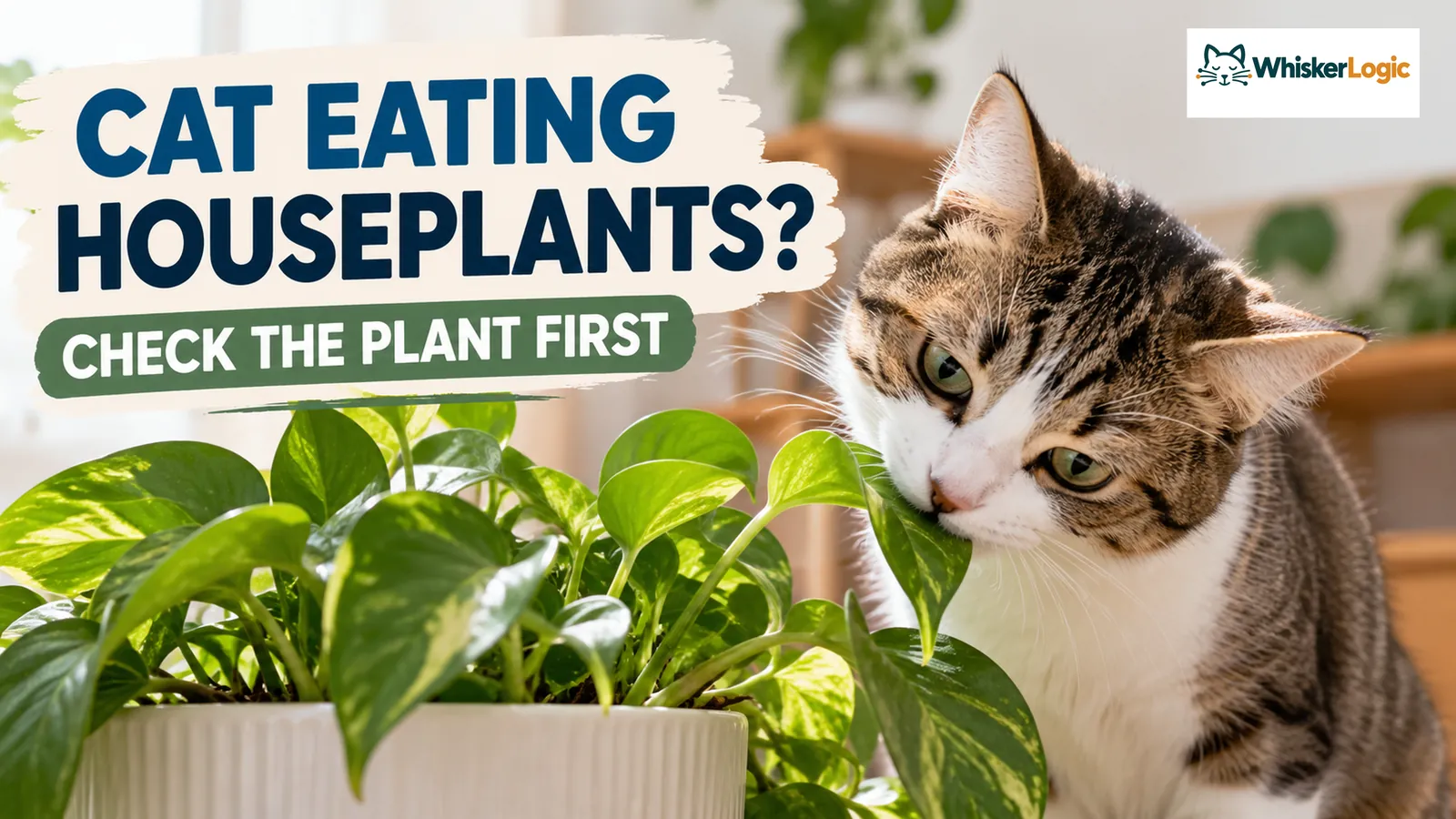 Cat eating houseplants beside an indoor potted plant