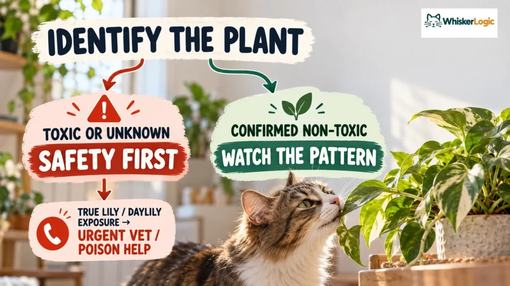 Houseplant safety decision guide for cats: toxic or unknown plants require safety first, while confirmed non-toxic plants call for watching the eating pattern