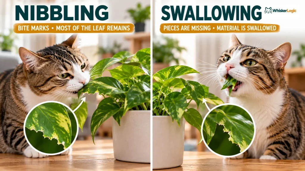Cat nibbling versus swallowing houseplant leaves, showing bite marks compared with missing plant material