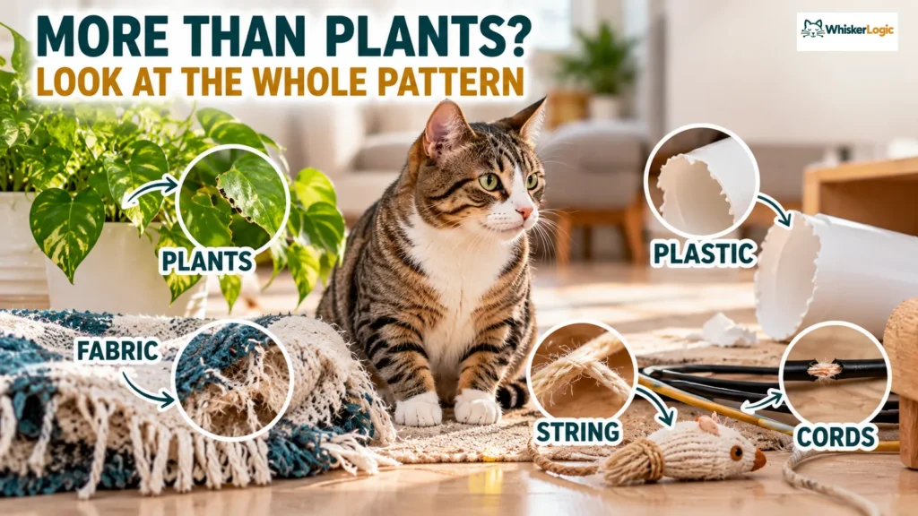Cat surrounded by chewed plants, plastic, fabric, string, and electrical cords showing a broader non-food chewing pattern