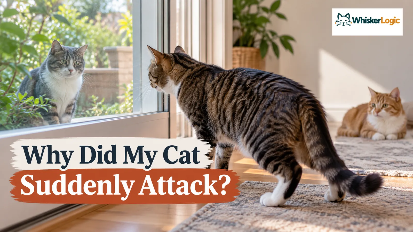 Indoor cat staring tensely at an outside cat through a glass door while another household cat watches nearby