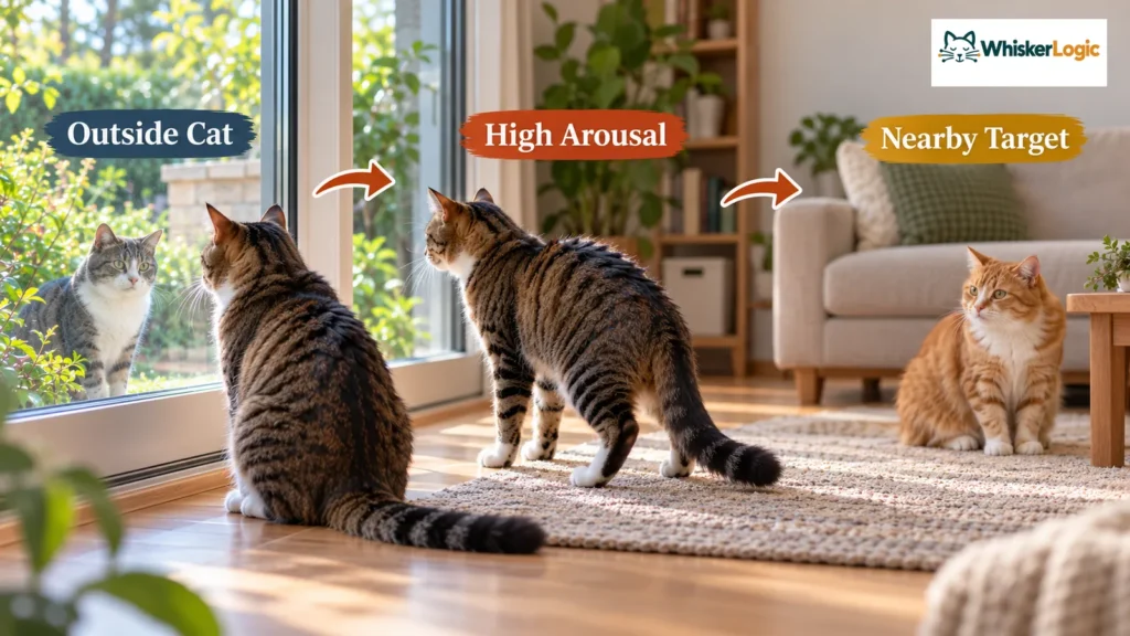 Outdoor cat triggers high arousal in an indoor cat, with a nearby household cat shown as a possible redirected target