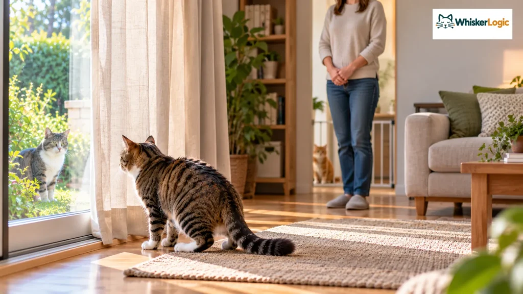Person keeping a safe distance from a highly aroused indoor cat while a curtain reduces the view of an outside cat