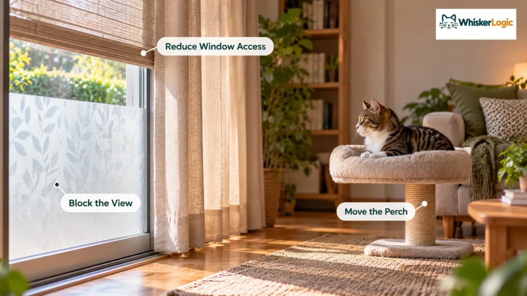 Indoor cat resting on a perch moved away from a window with privacy film and partially closed blinds to reduce outside-cat triggers