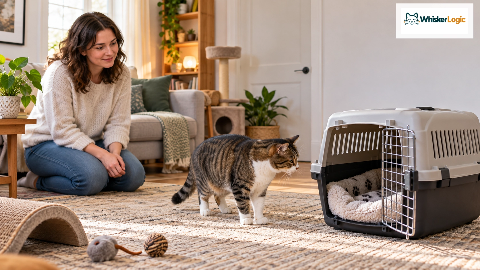 Cat cautiously approaching an open carrier in a calm room before a vet visit
