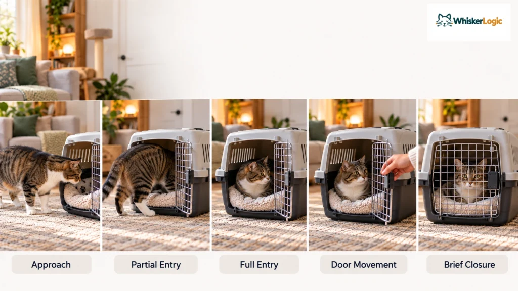 Gradual cat carrier training from approach to brief door closure