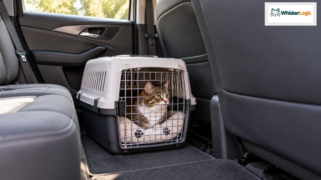 Cat in a carrier positioned on the vehicle floor behind a front seat